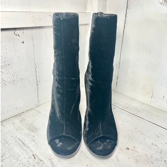 Balmain Paris Velvet Pull On Mid-Calf Peep Toe Block Heel Boots Black Women 40/9 - Picture 1 of 5